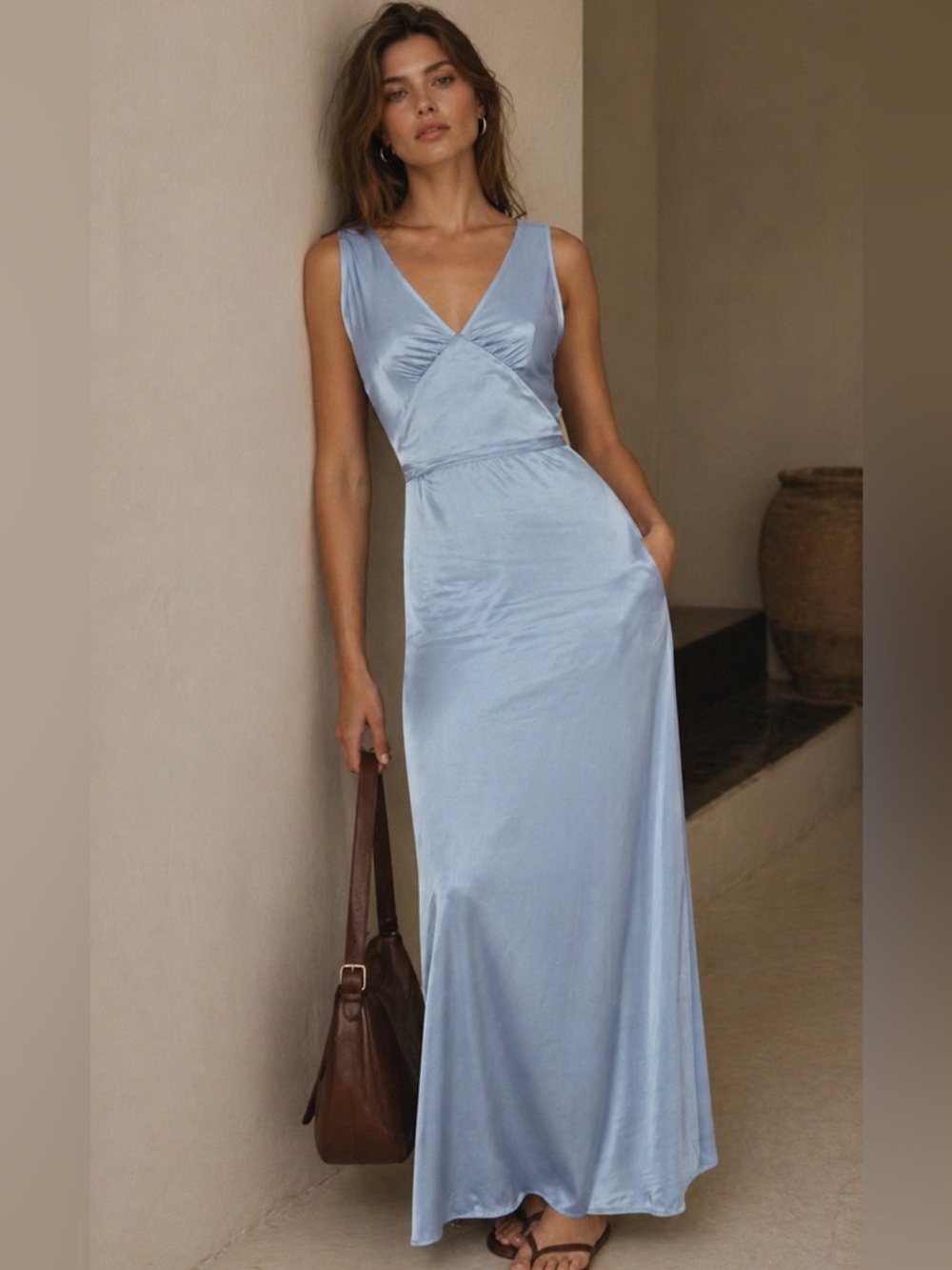 Light Ice Baby Blue Satin Maxi Dress | Minimal Slip Style | Size S–M